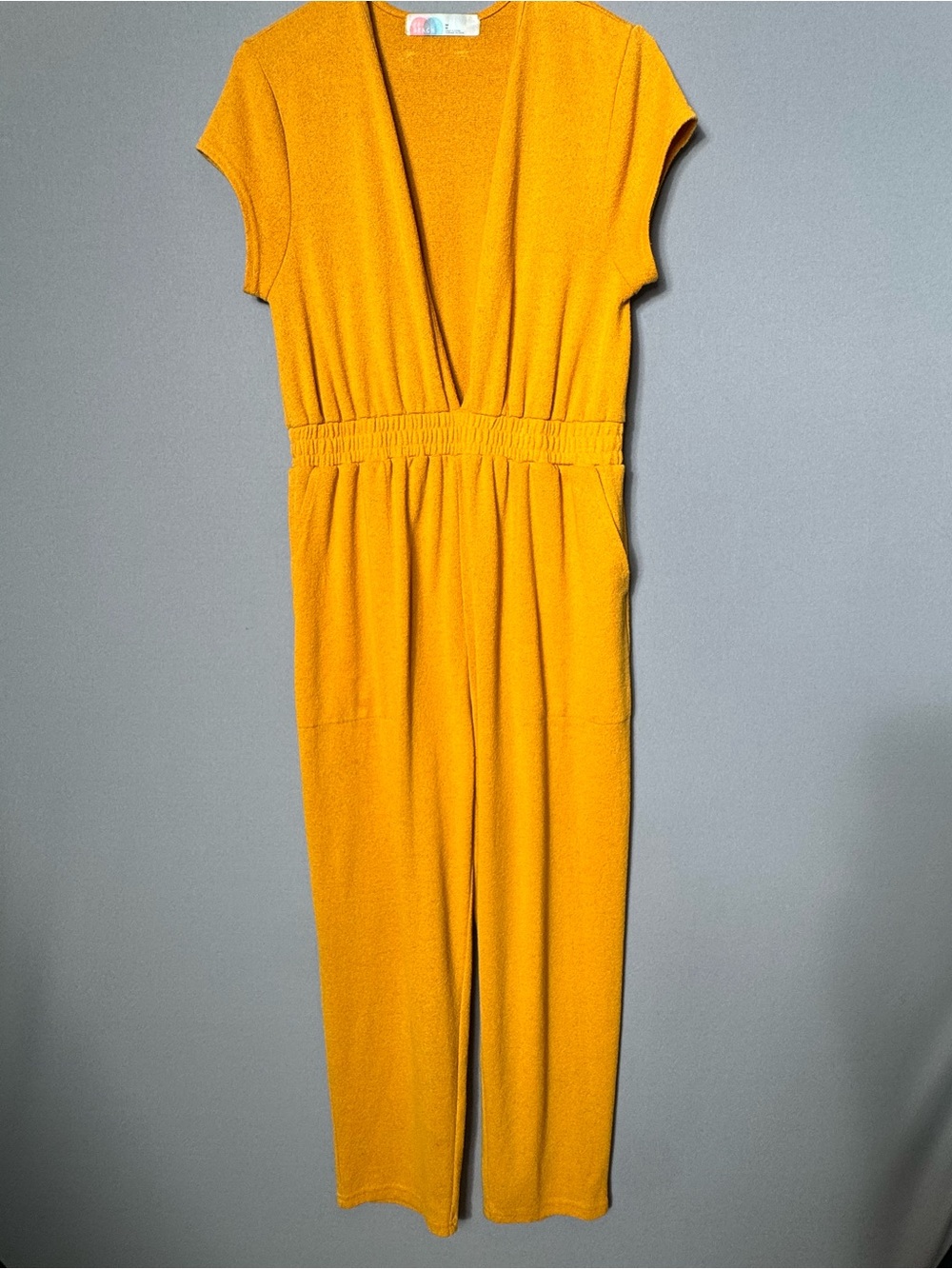 FP Beach Free People Mustard Deep V Jumpsuit | Lounge Travel Romper M
